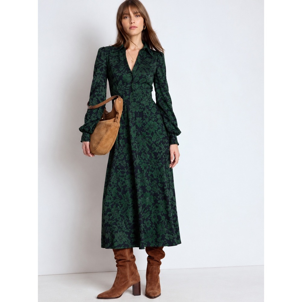 Boden Teal Green Black Floral Tiered Shirt Dress Long Sleeve Pockets 8R D0337